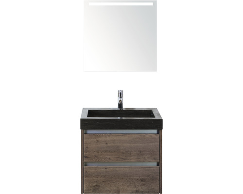 Badmöbel-Set Sanox Dante BxHxT 61 x 170 x 45,5 cm Frontfarbe tabacco mit Waschtisch Naturstein schwarz und Naturstein-Waschtisch Spiegel mit LED-Beleuchtung Waschtischunterschrank
