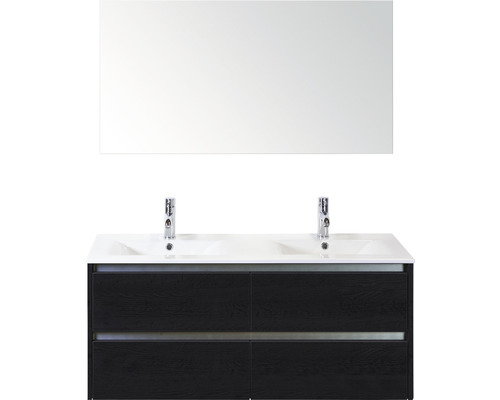 Set de meubles de salle de bains Sanox Dante lxhxp 121 x 170 x 46 cm couleur de façade black oak avec vasque en céramique blanc et double vasque en céramique miroir meuble sous vasque