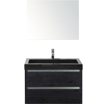 Badmöbel-Set Sanox Dante BxHxT 81 x 170 x 45,5 cm Frontfarbe black oak mit Waschtisch Naturstein schwarz und Naturstein-Waschtisch Spiegel Waschtischunterschrank