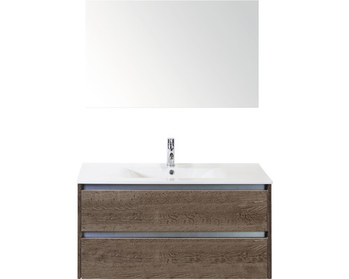 Badmöbel-Set Sanox Dante BxHxT 101 x 170 x 46 cm Frontfarbe tabacco mit Waschtisch Keramik weiß und Keramik-Waschtisch Spiegel Waschtischunterschrank