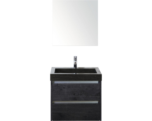 Set de meubles de salle de bains Sanox Dante lxhxp 61 x 170 x 45,5 cm couleur de façade black oak avec vasque en pierre naturelle noir