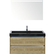 Badmöbel-Set Sanox Dante BxHxT 101 x 170 x 45,5 cm Frontfarbe eiche natur mit Waschtisch Naturstein schwarz und Naturstein-Waschtisch Spiegel mit LED-Beleuchtung Waschtischunterschrank