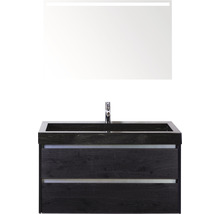 Badmöbel-Set Sanox Dante BxHxT 101 x 170 x 45,5 cm Frontfarbe black oak mit Waschtisch Naturstein schwarz und Naturstein-Waschtisch Spiegel mit LED-Beleuchtung Waschtischunterschrank