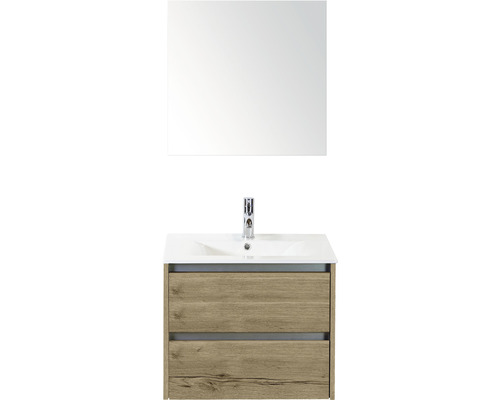 Set de meubles de salle de bains Sanox Dante lxhxp 61 x 170 x 46 cm couleur de façade chêne nature avec vasque en céramique blanc et vasque en céramique miroir meuble sous vasque