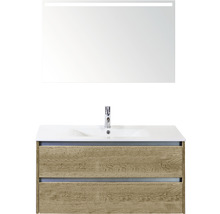 Set de meubles de salle de bains Sanox Dante lxhxp 101 x 170 x 46 cm couleur de façade chêne nature avec vasque en céramique blanc et vasque céramique miroir avec éclairage LED meuble sous vasque-thumb-0