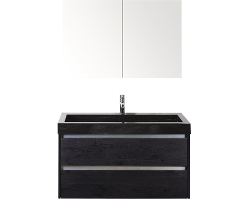Set de meubles de salle de bains Sanox Dante lxhxp 101 x 170 x 45,5 cm couleur de façade black oak avec vasque en pierre naturelle noir