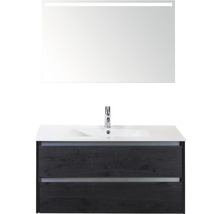 Badmöbel-Set Sanox Dante BxHxT 101 x 170 x 46 cm Frontfarbe black oak mit Waschtisch Keramik weiß und Keramik-Waschtisch Spiegel mit LED-Beleuchtung Waschtischunterschrank