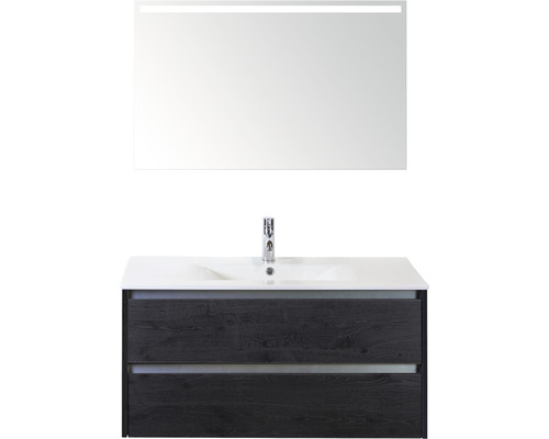 Badmöbel-Set Sanox Dante BxHxT 101 x 170 x 46 cm Frontfarbe black oak mit Waschtisch Keramik weiß und Keramik-Waschtisch Spiegel mit LED-Beleuchtung Waschtischunterschrank