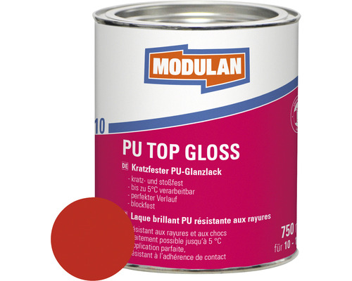 Laque MODULAN 6110 PU Top Gloss RAL 3000 rouge feu 750 ml Boîte de laque Modulan PU Top Gloss avec exemple de couleur