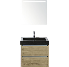 Badmöbel-Set Sanox Dante BxHxT 61 x 170 x 45,5 cm Frontfarbe eiche natur mit Waschtisch Naturstein schwarz und Naturstein-Waschtisch Spiegel mit LED-Beleuchtung Waschtischunterschrank