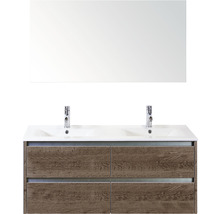 Badmöbel-Set Sanox Dante BxHxT 121 x 170 x 46 cm Frontfarbe tabacco mit Waschtisch Keramik weiß und Keramik-Doppelwaschtisch Spiegel Waschtischunterschrank