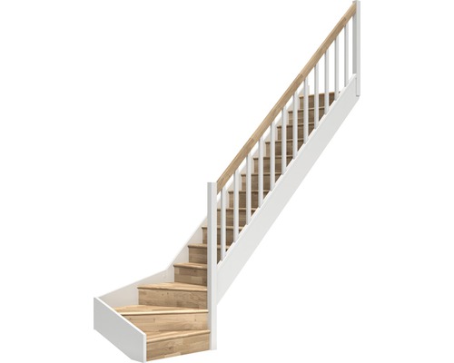 Escalier à limon latéral escalier de meunier Pertura Elenie chêne avec contremarches 1/4-tournant en bas à droite 16 marches / 17 pas de marche garde-corps à barres verticales