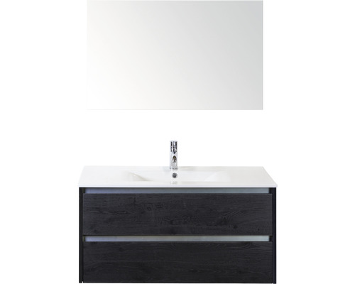 Set de meubles de salle de bains Sanox Dante lxhxp 101 x 170 x 46 cm couleur de façade black oak avec vasque en céramique blanc et vasque en céramique miroir meuble sous vasque