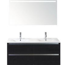Badmöbel-Set Sanox Dante BxHxT 121 x 170 x 46 cm Frontfarbe black oak mit Waschtisch Keramik weiß und Keramik-Doppelwaschtisch Spiegel mit LED-Beleuchtung Waschtischunterschrank