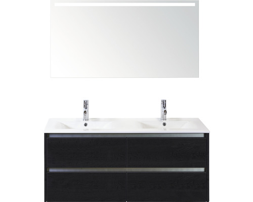 Set de meubles de salle de bains Sanox Dante lxhxp 121 x 170 x 46 cm couleur de façade black oak avec vasque en céramique blanc et double vasque en céramique miroir avec éclairage LED meuble sous vasque