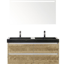 Badmöbel-Set Sanox Dante BxHxT 121 x 170 x 45,5 cm Frontfarbe eiche natur mit Waschtisch Naturstein schwarz und Naturstein-Doppelwaschtisch Spiegel mit LED-Beleuchtung Waschtischunterschrank