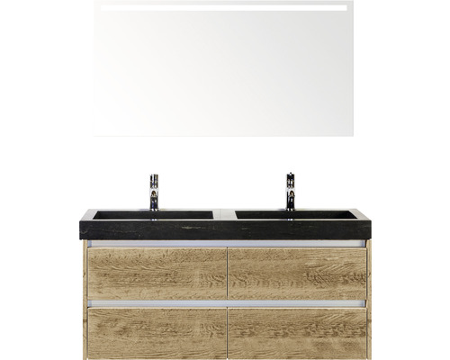 Badmöbel-Set Sanox Dante BxHxT 121 x 170 x 45,5 cm Frontfarbe eiche natur mit Waschtisch Naturstein schwarz und Naturstein-Doppelwaschtisch Spiegel mit LED-Beleuchtung Waschtischunterschrank