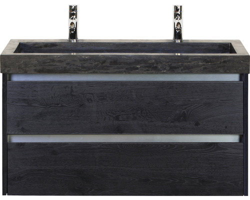 Set de meubles de salle de bains Sanox Dante lxhxp 101 x 58 x 45,5 cm couleur de façade black oak avec vasque en pierre naturelle noir