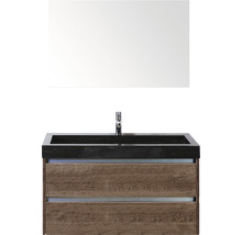 Set de meubles de salle de bains Sanox Dante lxhxp 101 x 170 x 45,5 cm couleur de façade tabac avec vasque en pierre naturelle noir et vasque en pierre naturelle miroir meuble sous vasque