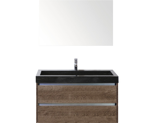 Badmöbel-Set Sanox Dante BxHxT 101 x 170 x 45,5 cm Frontfarbe tabacco mit Waschtisch Naturstein schwarz und Naturstein-Waschtisch Spiegel Waschtischunterschrank