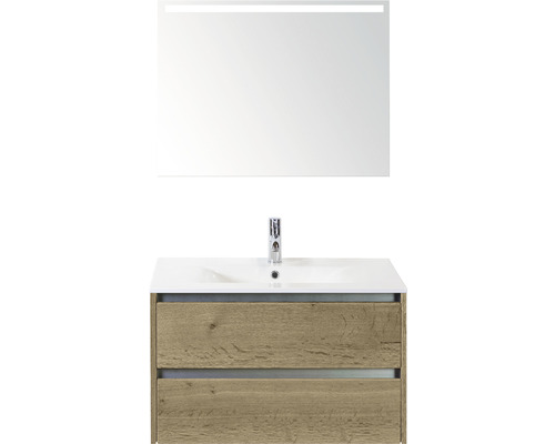 Set de meubles de salle de bains Sanox Dante lxhxp 81 x 170 x 46 cm couleur de façade chêne nature avec vasque en céramique blanc et vasque céramique miroir avec éclairage LED meuble sous vasque-0