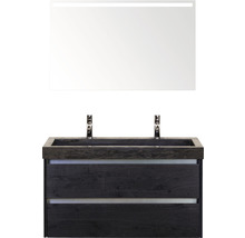 Badmöbel-Set Sanox Dante BxHxT 101 x 170 x 45,5 cm Frontfarbe black oak mit Waschtisch Naturstein schwarz und Naturstein-Doppelwaschtisch Spiegel mit LED-Beleuchtung Waschtischunterschrank