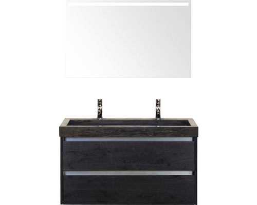 Badmöbel-Set Sanox Dante BxHxT 101 x 170 x 45,5 cm Frontfarbe black oak mit Waschtisch Naturstein schwarz und Naturstein-Doppelwaschtisch Spiegel mit LED-Beleuchtung Waschtischunterschrank