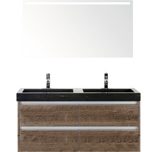 Badmöbel-Set Sanox Dante BxHxT 121 x 170 x 45,5 cm Frontfarbe tabacco mit Waschtisch Naturstein schwarz und Naturstein-Doppelwaschtisch Spiegel mit LED-Beleuchtung Waschtischunterschrank