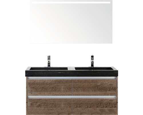 Badmöbel-Set Sanox Dante BxHxT 121 x 170 x 45,5 cm Frontfarbe tabacco mit Waschtisch Naturstein schwarz und Naturstein-Doppelwaschtisch Spiegel mit LED-Beleuchtung Waschtischunterschrank