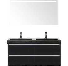 Badmöbel-Set Sanox Dante BxHxT 121 x 170 x 45,5 cm Frontfarbe black oak mit Waschtisch Naturstein schwarz und Naturstein-Doppelwaschtisch Spiegel mit LED-Beleuchtung Waschtischunterschrank