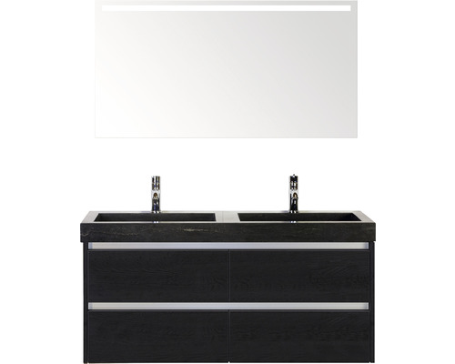 Badmöbel-Set Sanox Dante BxHxT 121 x 170 x 45,5 cm Frontfarbe black oak mit Waschtisch Naturstein schwarz und Naturstein-Doppelwaschtisch Spiegel mit LED-Beleuchtung Waschtischunterschrank