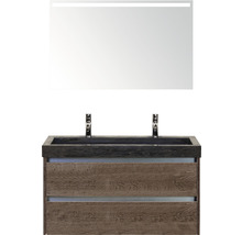Badmöbel-Set Sanox Dante BxHxT 101 x 170 x 45,5 cm Frontfarbe tabacco mit Waschtisch Naturstein schwarz und Naturstein-Doppelwaschtisch Spiegel mit LED-Beleuchtung Waschtischunterschrank