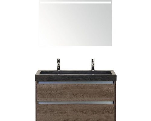 Set de meubles de salle de bains Sanox Dante lxhxp 101 x 170 x 45,5 cm couleur de façade tabac avec vasque en pierre naturelle noir et double vasque en pierre naturelle miroir avec éclairage LED meuble sous vasque