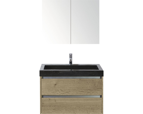 Set de meubles de salle de bains Sanox Dante lxhxp 81 x 170 x 45,5 cm couleur de façade chêne nature avec vasque en pierre naturelle noir Set de meubles de salle de bains Sanox Dante lxhxp 81 x 170 x 45,5 cm couleur de façade chêne nature avec vasque en pierre naturelle noir