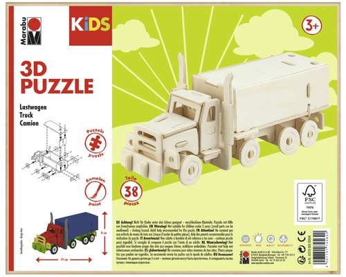 Puzzle 3D Marabu Kids Camion en bois, 38 pièces