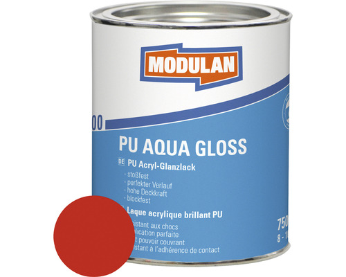 Laque MODULAN 6200 PU Aqua Gloss RAL 3000 rouge feu 750 ml Boîte de laque MODULAN PU Aqua Gloss avec échantillon de couleur