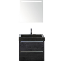 Badmöbel-Set Sanox Dante BxHxT 61 x 170 x 45,5 cm Frontfarbe black oak mit Waschtisch Naturstein schwarz und Naturstein-Waschtisch Spiegel mit LED-Beleuchtung Waschtischunterschrank