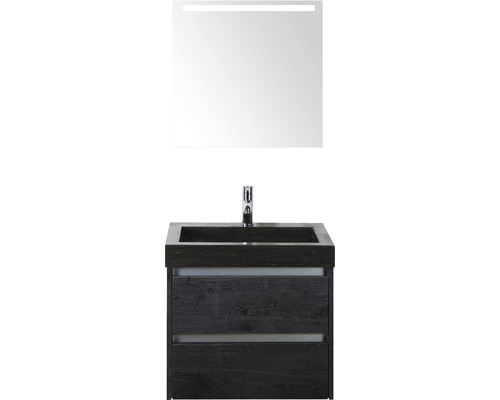 Set de meubles de salle de bains Sanox Dante lxhxp 61 x 170 x 45,5 cm couleur de façade black oak avec vasque en pierre naturelle noir et vasque en pierre naturelle miroir avec éclairage LED meuble sous vasque