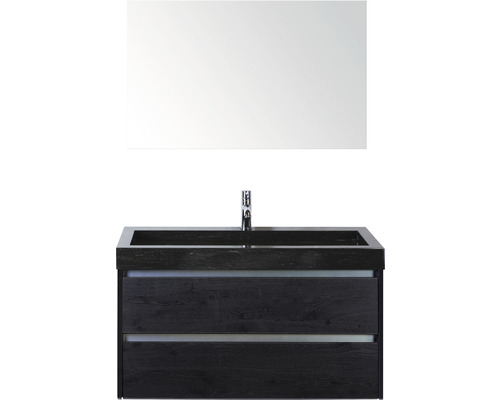 Badmöbel-Set Sanox Dante BxHxT 101 x 170 x 45,5 cm Frontfarbe black oak mit Waschtisch Naturstein schwarz und Naturstein-Waschtisch Spiegel Waschtischunterschrank