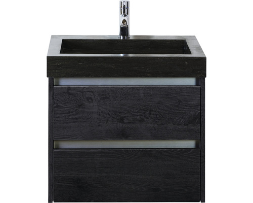 Set de meubles de salle de bains Sanox Dante lxhxp 61 x 58 x 45,5 cm couleur de façade black oak avec vasque en pierre naturelle noir