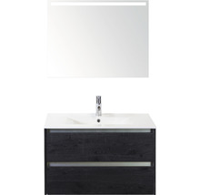 Badmöbel-Set Sanox Dante BxHxT 81 x 170 x 46 cm Frontfarbe black oak mit Waschtisch Keramik weiß und Keramik-Waschtisch Spiegel mit LED-Beleuchtung Waschtischunterschrank