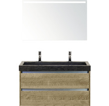 Badmöbel-Set Sanox Dante BxHxT 101 x 170 x 45,5 cm Frontfarbe eiche natur mit Waschtisch Naturstein schwarz und Naturstein-Doppelwaschtisch Spiegel mit LED-Beleuchtung Waschtischunterschrank