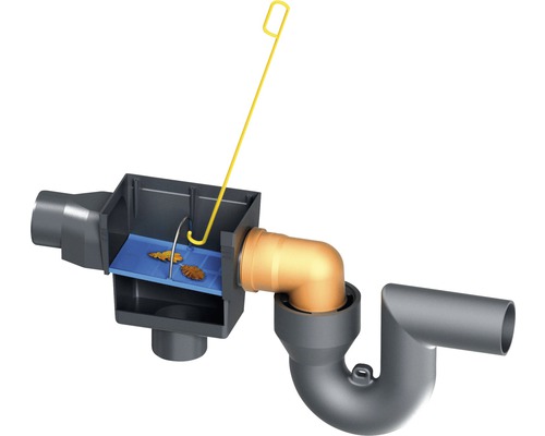 Évacuation de gouttière avec panier de ramassage de feuilles et étrier de nettoyage