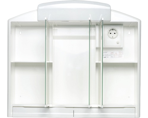 Armoire de toilette blanche avec étagères et prise