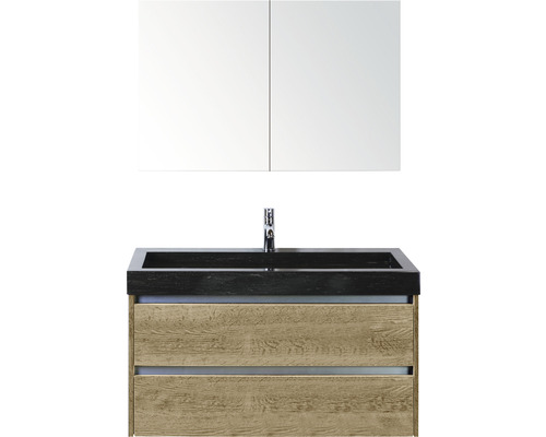 Badmöbel-Set Sanox Dante BxHxT 101 x 170 x 45,5 cm Frontfarbe eiche natur mit Waschtisch Naturstein schwarz Badmöbel-Set Sanox Dante BxHxT 101 x 170 x 45,5 cm Frontfarbe eiche natur mit Waschtisch Naturstein schwarz