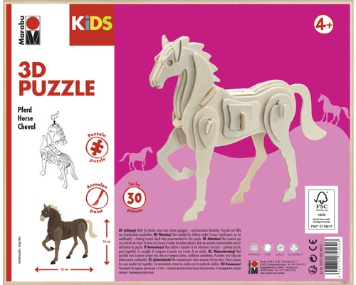 Puzzle 3D Marabu cheval en bois, 30 pièces, à partir de 4 ans