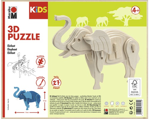 Puzzle 3D éléphant Marabu en bois, 27 pièces