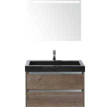 Badmöbel-Set Sanox Dante BxHxT 81 x 170 x 45,5 cm Frontfarbe tabacco mit Waschtisch Naturstein schwarz und Naturstein-Waschtisch Spiegel mit LED-Beleuchtung Waschtischunterschrank