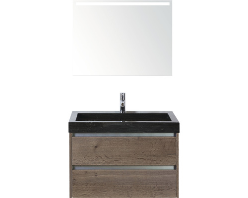 Badmöbel-Set Sanox Dante BxHxT 81 x 170 x 45,5 cm Frontfarbe tabacco mit Waschtisch Naturstein schwarz und Naturstein-Waschtisch Spiegel mit LED-Beleuchtung Waschtischunterschrank