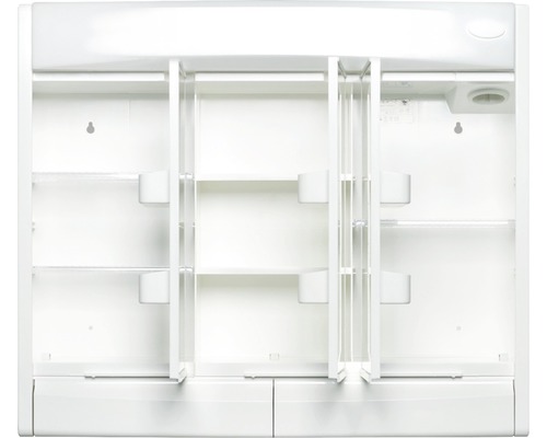 Weißer Spiegelschrank mit drei Türen und Regalböden für das Badezimmer